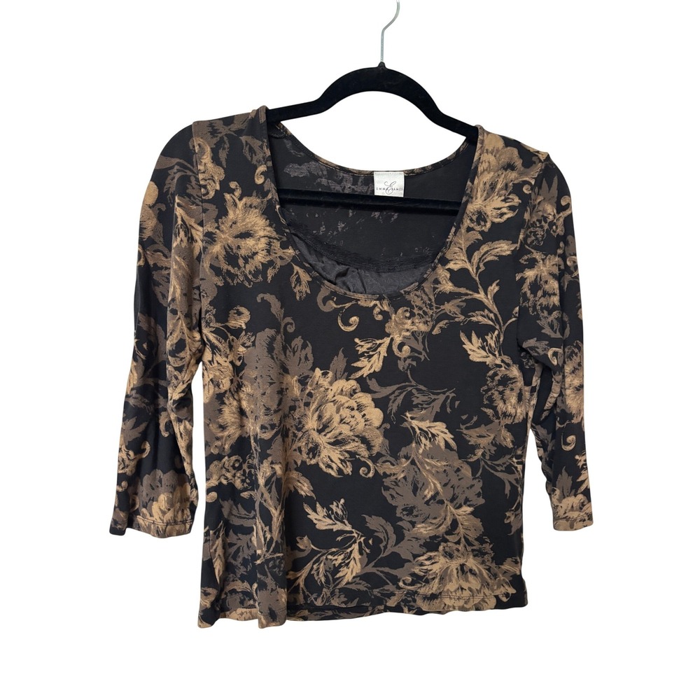 Y2K Emma James Womens 3/4 Sleeve Floral Damask Scoop Neck Top‎ Black Tan Brown